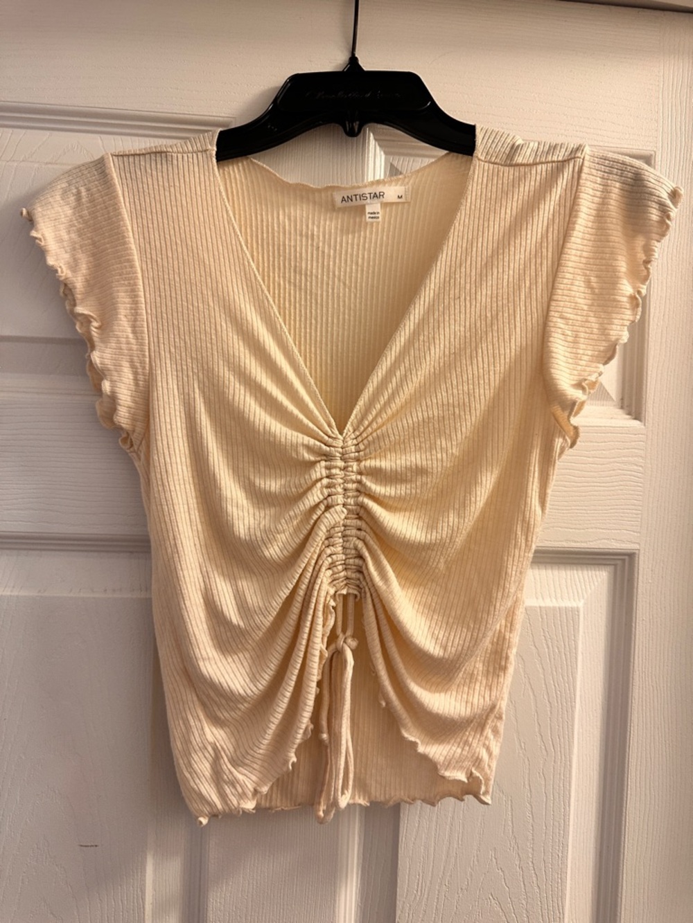 Antistar Cream 2000s Y2K Ruched V-Neck Ribbed Top